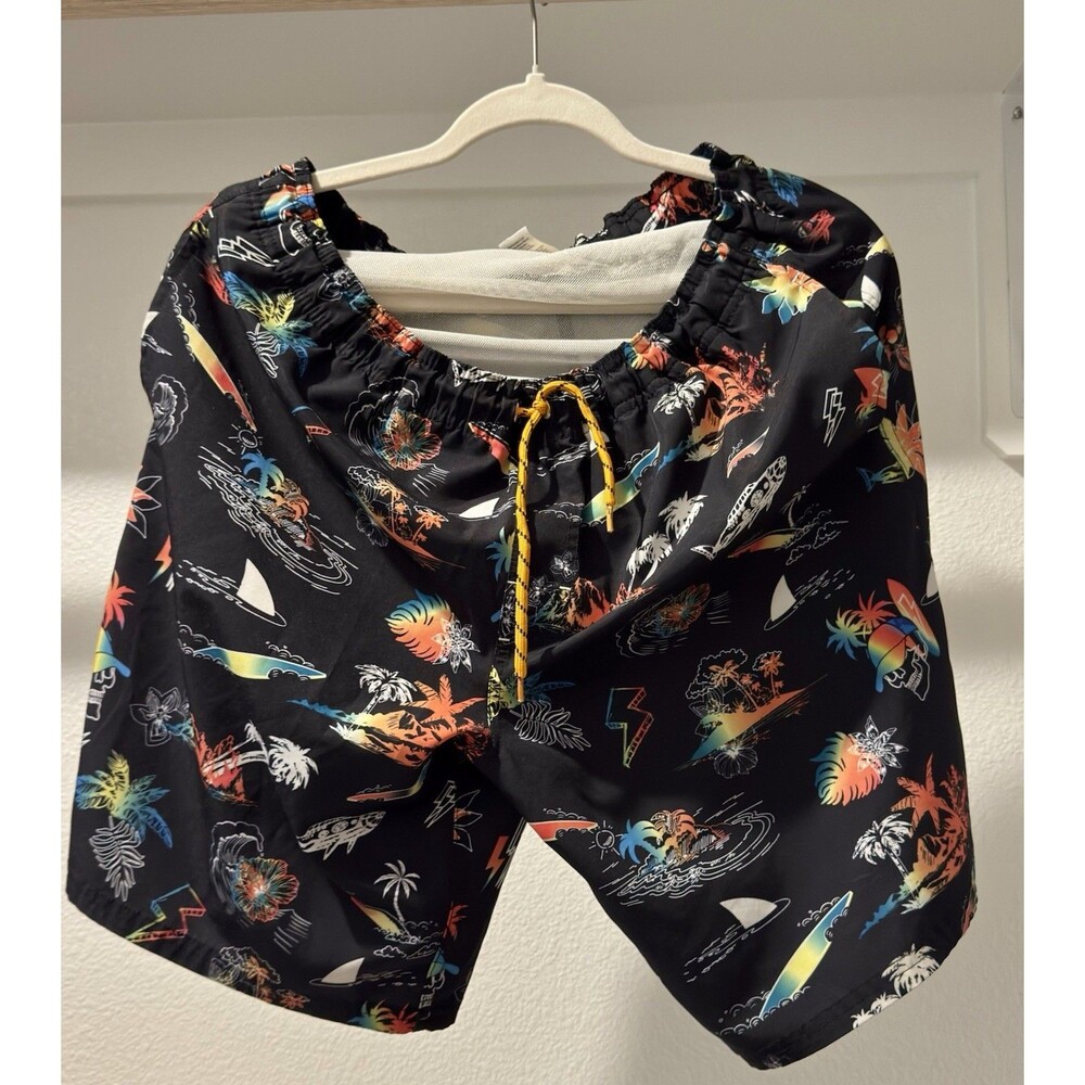 Wonder Nation- Boys Black Tropical Print Board Shorts with Yellow Drawstring